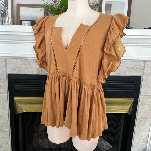 ANTHROPOLOGIE NEW Caroline babydoll flatter sleeve top in honey brown - Picture 13 of 14